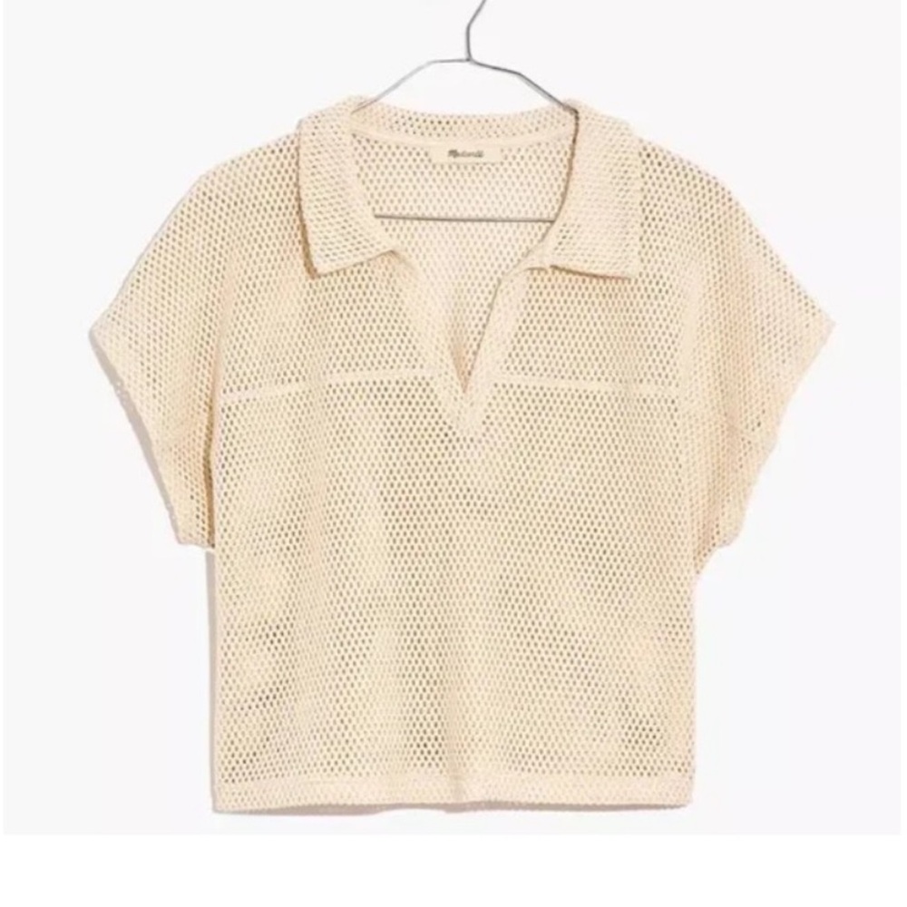 Madewell Cream Knit Mesh Polo Top